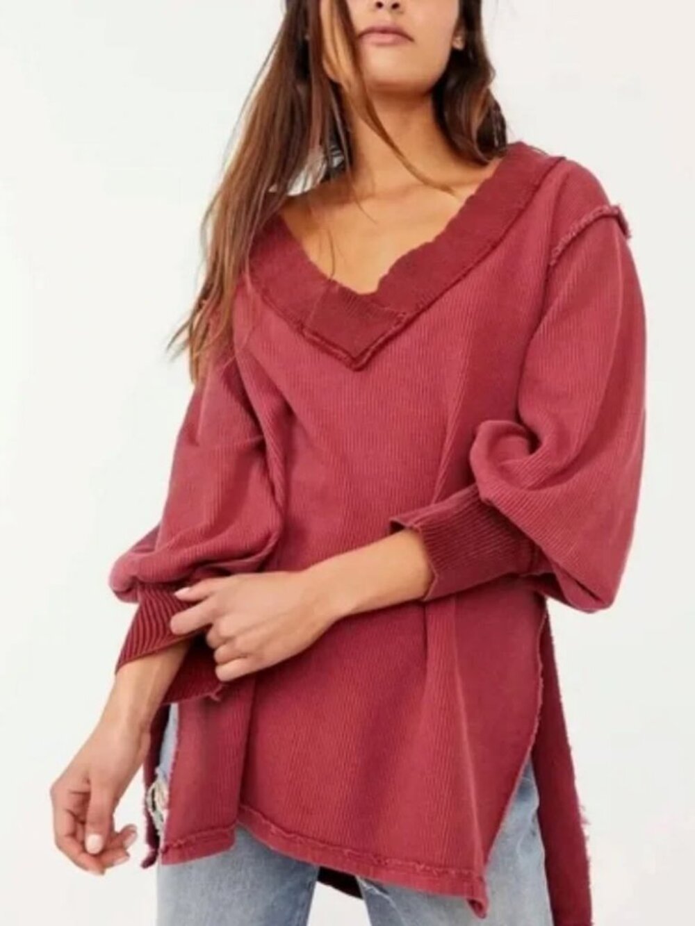 NWT Free People Women's Asher Thermal Oversized Shirt Stolen Kiss Maroon Size XS